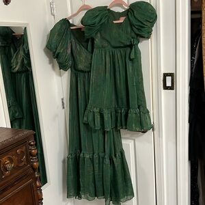 Jessa Kae Mommy & Me matching green puff sleeve faux wrap dresses